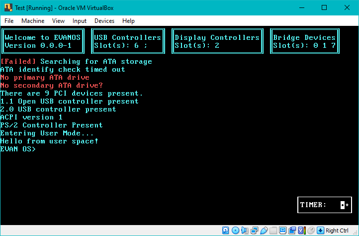 Early build named Evan OS running 