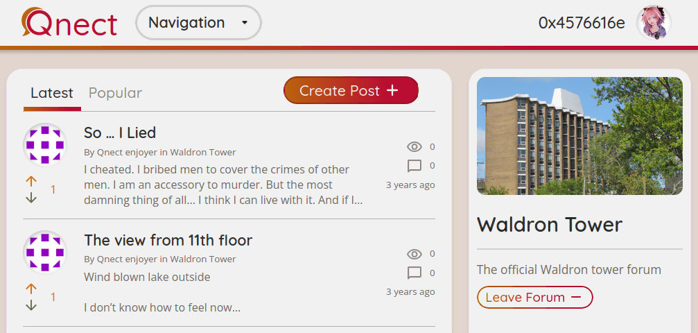 A social feed showing post previews, with forum information in a sidebar